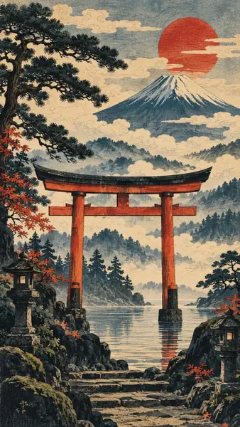 Seni gaya cetak kayu Jepang tradisional yang menunjukkan gerbang torii merah di air dengan Gunung Fuji dan matahari merah.