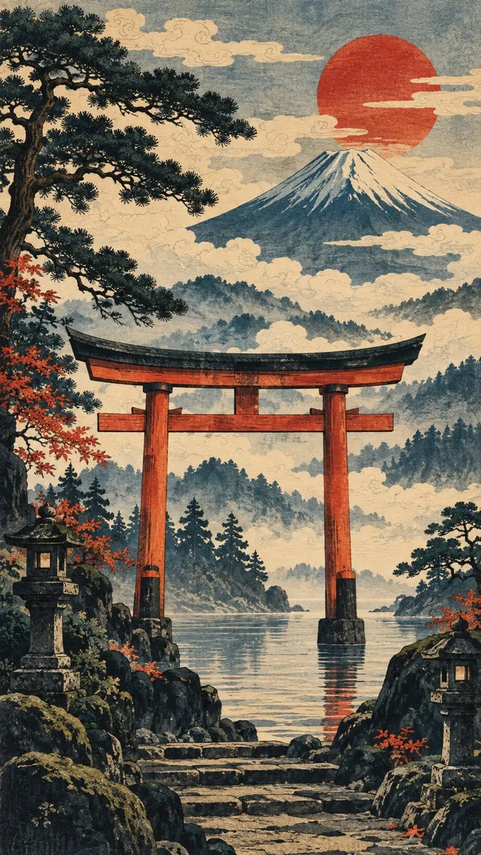 Seni gaya cetak kayu Jepang tradisional yang menunjukkan gerbang torii merah di air dengan Gunung Fuji dan matahari merah.