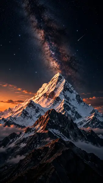 Puncak gunung bersalju yang menjangkau langit malam gelap yang penuh bintang dan galaksi Bimasakti yang terang