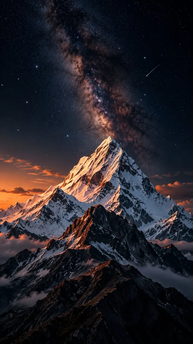 Picos de montañas nevadas que se alzan hacia un cielo nocturno oscuro lleno de estrellas y la brillante galaxia de la Vía Láctea
