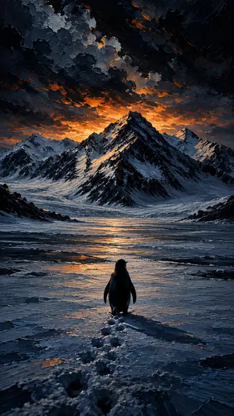 Seekor penguin berjalan melalui salju menuju pegunungan besar yang tertutup salju di bawah langit oranye dan biru tua yang dramatis.