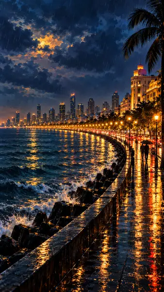 Mumbai Marine Drive Night Rain Cityscape Wallpaper