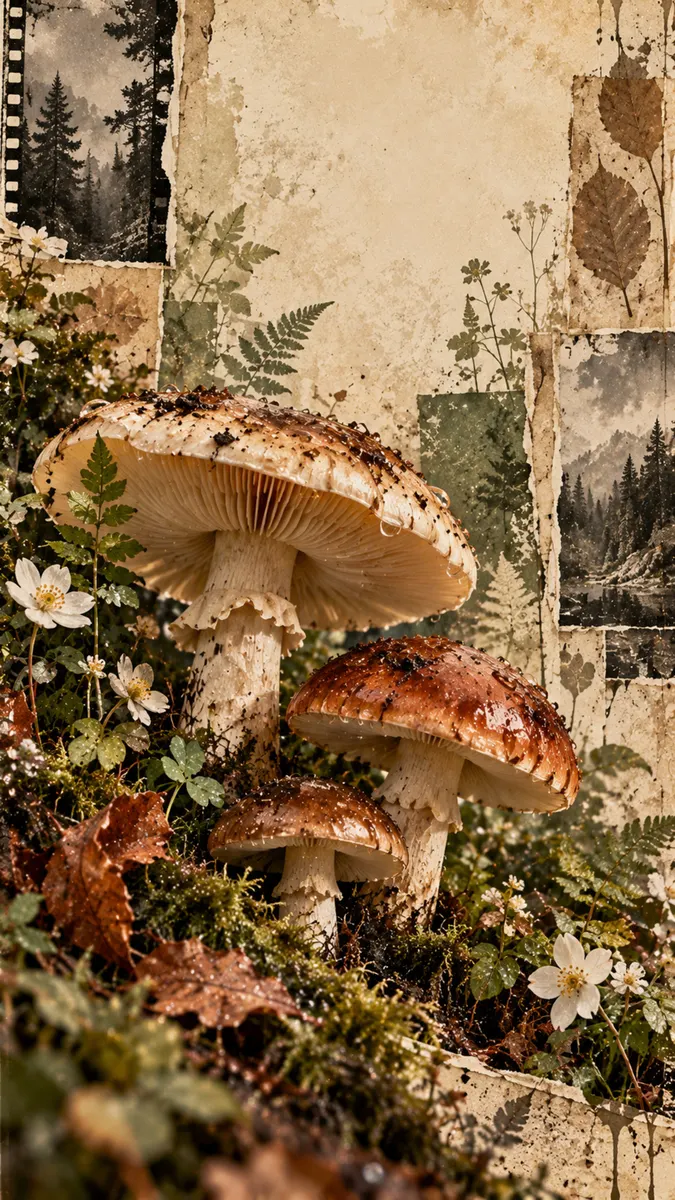 Tres setas marrones creciendo entre helechos y pequeñas flores blancas con un collage de fotos de bosque de fondo.