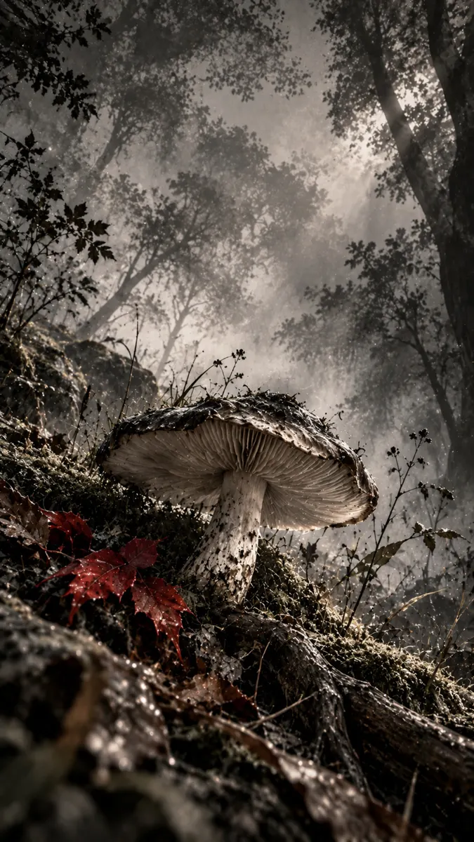 Primer plano de un solo hongo creciendo en un suelo musgoso en un bosque con niebla y una hoja roja brillante cerca.