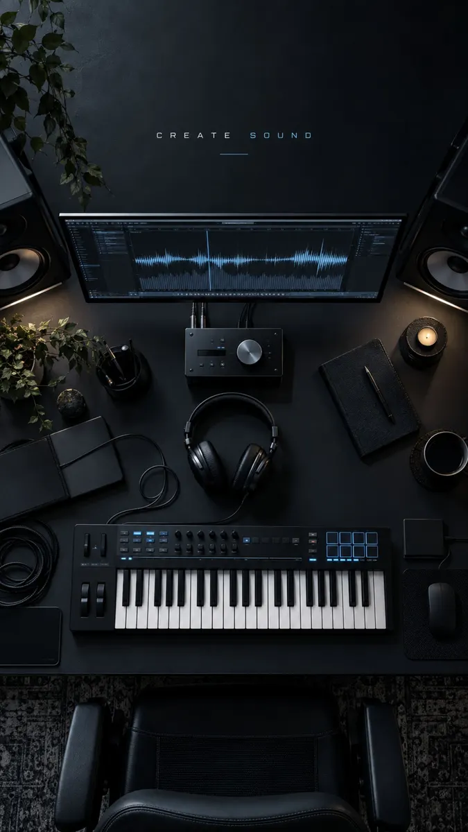 Bovenaanzicht van een muziekproductiebureau met een MIDI-keyboard, koptelefoon, monitor en studiomonitoren in een donkere kamer.