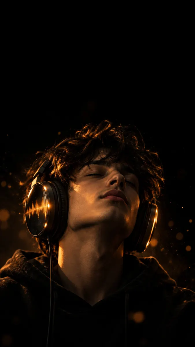 Un joven con los ojos cerrados usando auriculares grandes que tienen ondas de audio de brillante en las copas