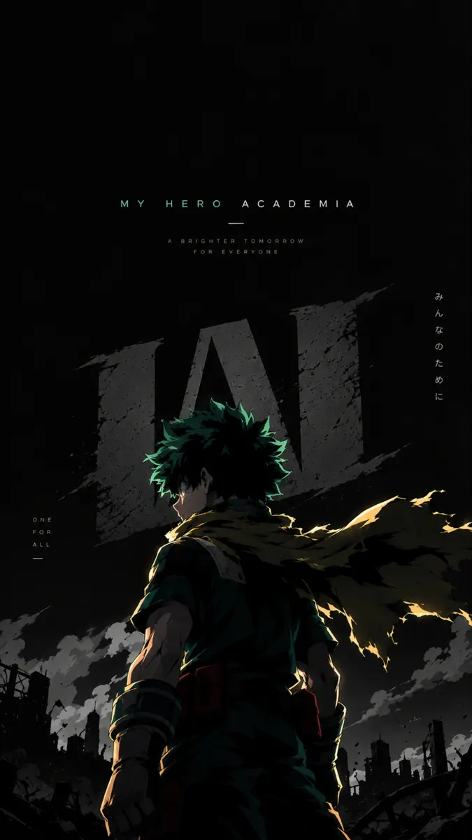Izuku Midoriya from My Hero Academia standing in a dark, ruined city with a yellow cape and green hair