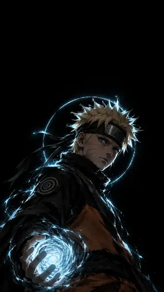 Naruto Uzumaki com cabelo loiro espetado e bandana segurando uma esfera de energia azul giratória em sua mão contra um fundo preto.