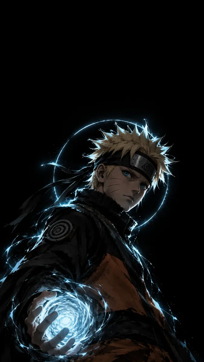 Naruto Uzumaki mit stacheligen blonden Haaren und Stirnband hält eine wirbelnde blaue Energiekugel in der Hand vor einem schwarzen Hintergrund.
