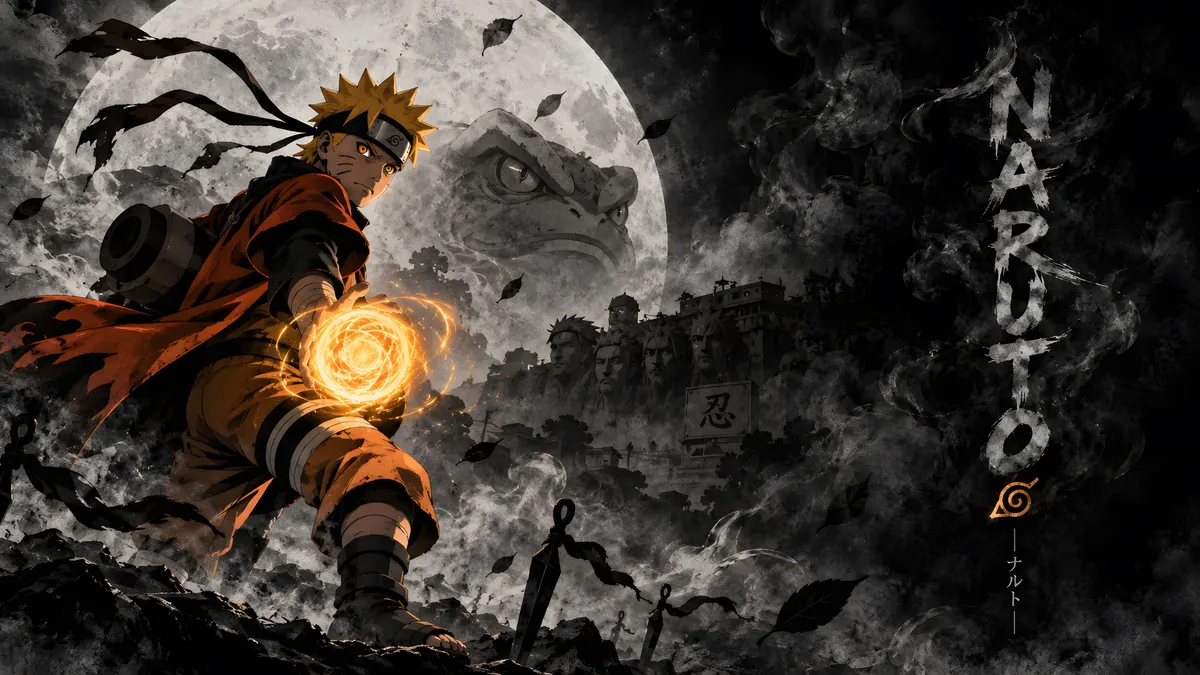 Naruto Uzumaki em seu traje laranja segurando um Rasengan dourado giratório com uma grande lua e o Monumento Hokage atrás dele.