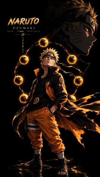 Naruto Uzumaki berdiri di lingkungan gelap dikelilingi oleh bola emas melayang dengan potret besar dirinya di latar belakang.