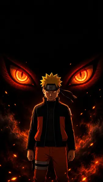 Naruto Uzumaki يقف بسترته السوداء مع ظهور عيون ثعلب برتقالية كبيرة متوهجة في الخلفية المظلمة خلفه