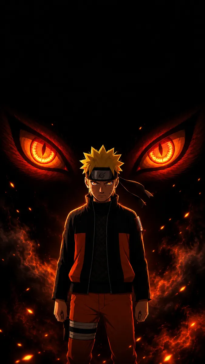 Naruto Uzumaki يقف بسترته السوداء مع ظهور عيون ثعلب برتقالية كبيرة متوهجة في الخلفية المظلمة خلفه