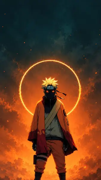 Naruto Uzumaki يرتدي عباءته البرتقالية ويقف أمام ضوء دائري برتقالي ساطع مع خلفية سماء داكنة وغائمة