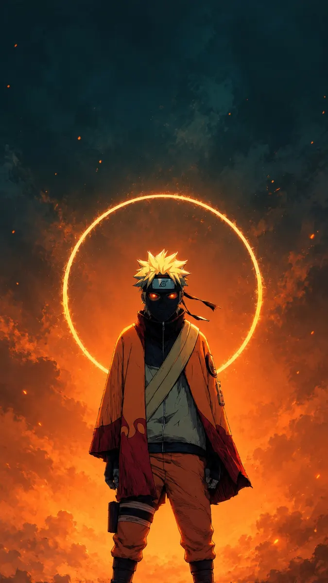 Naruto Uzumaki يرتدي عباءته البرتقالية ويقف أمام ضوء دائري برتقالي ساطع مع خلفية سماء داكنة وغائمة