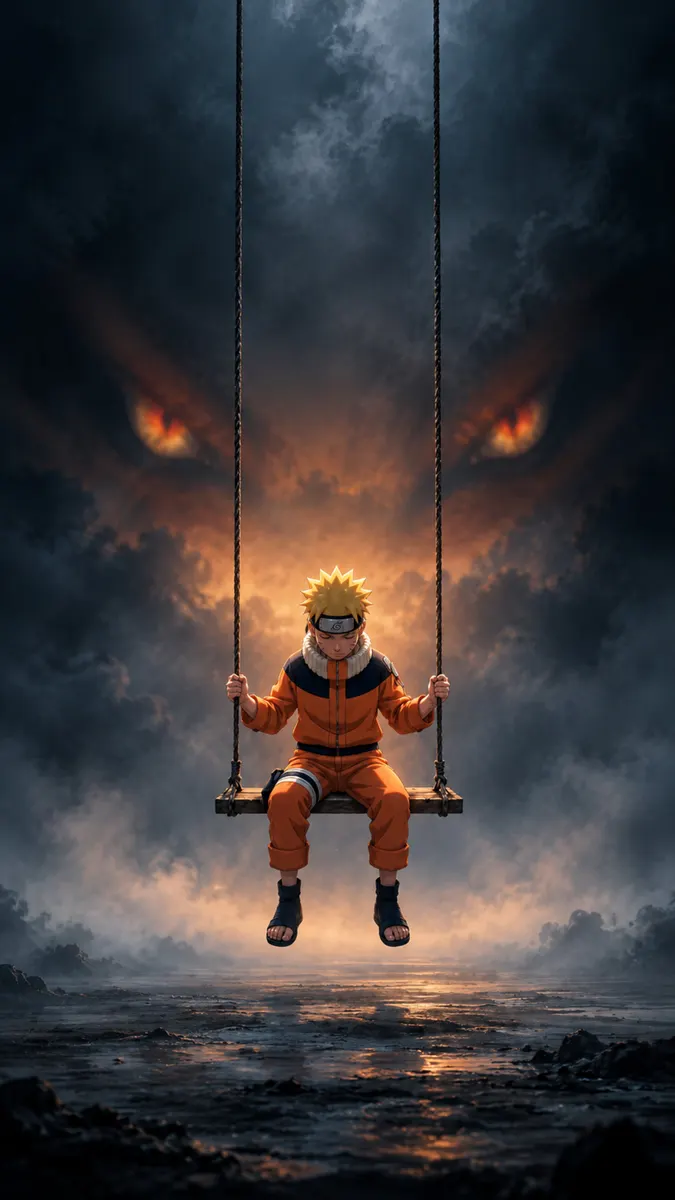 Young Naruto Uzumaki in his orange jumpsuit sitting on a rope swing against a dark stormy sky with large glowing eyes.