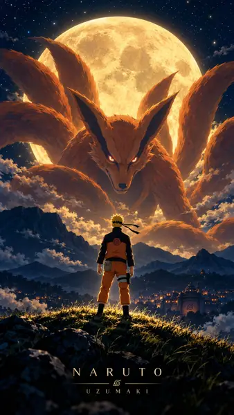 Naruto Uzumaki em pé em uma colina de frente para uma raposa laranja gigante de nove caudas silhuetada contra uma grande lua cheia brilhante à noite.