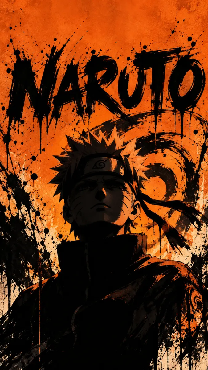 Naruto Uzumaki com cabelo espetado e bandana em um estilo de silhueta escura contra um fundo laranja com respingos de tinta.