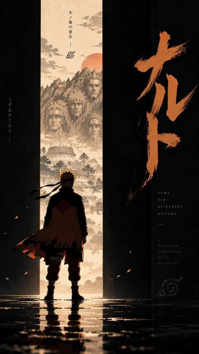 Naruto Uzumaki dilihat dari belakang menatap wajah Hokage yang diukir di gunung dalam karya seni yang gelap dan bergaya.