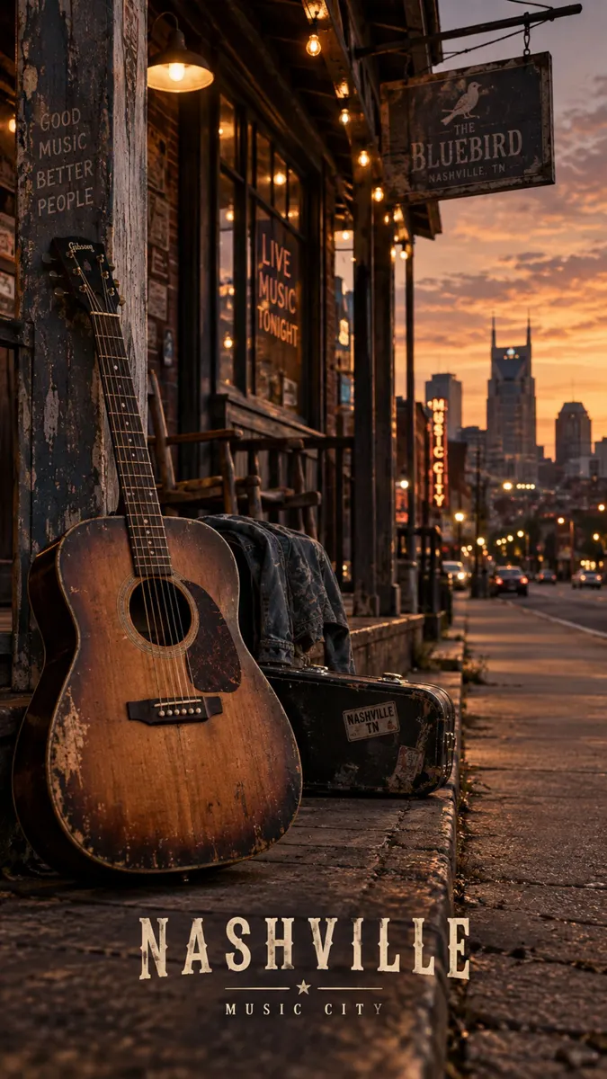 Uma guitarra acústica desgastada a descansar num passeio fora do Bluebird Cafe em Nashville com uma vista da cidade ao pôr do sol em segundo plano.