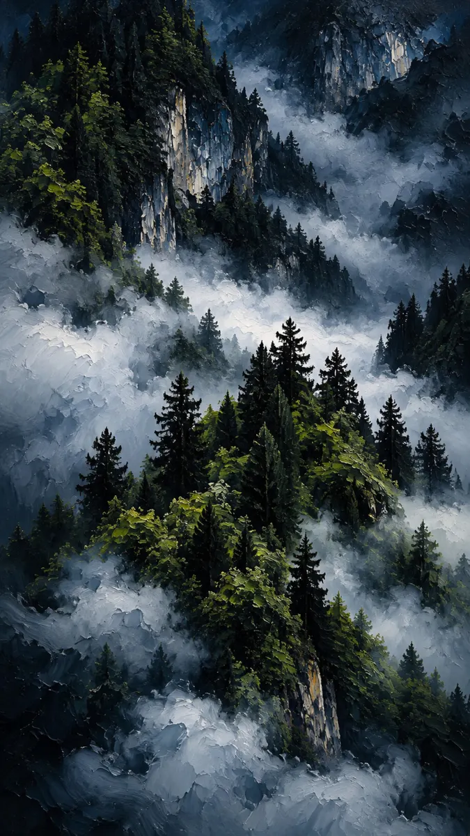 Denso bosque de hoja perenne en una ladera rocosa cubierta de espesa niebla blanca