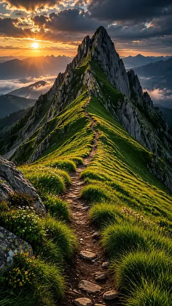 Jalan setapak sempit mengarah ke atas punggung gunung berumput yang curam menuju puncak berbatu yang bergerigi saat matahari terbenam dengan awan di bawahnya.