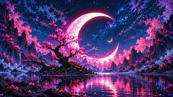Yıldızlı gece gökyüzü altında kiraz ağaçları ve karanlık dağlarla bir gölün üzerinde büyük, parlayan pembe bir hilal