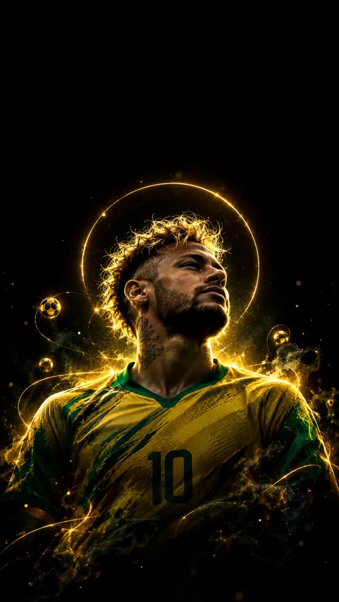 Neymar regardant vers le haut avec un anneau doré brillant derrière sa tête, portant un maillot jaune et vert avec le numéro 10.