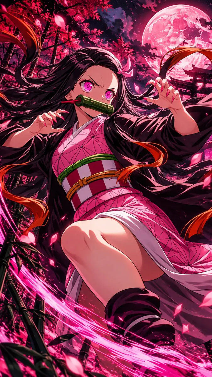 Nezuko Kamado en kimono rose et haori noir, accroupie dans une forêt de bambous avec des pétales roses tourbillonnant autour d'elle.