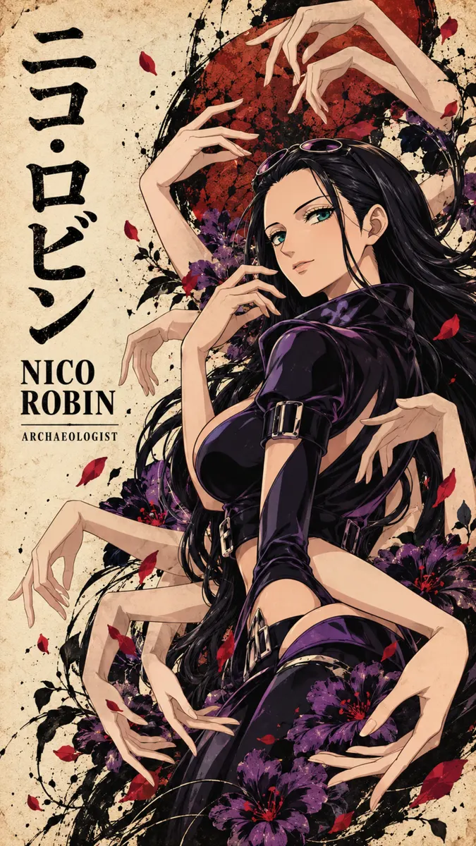 Nico Robin con largo cabello negro y múltiples brazos emergiendo detrás, rodeada de flores de úrpura oscuro sobre un fondo de pergamino.