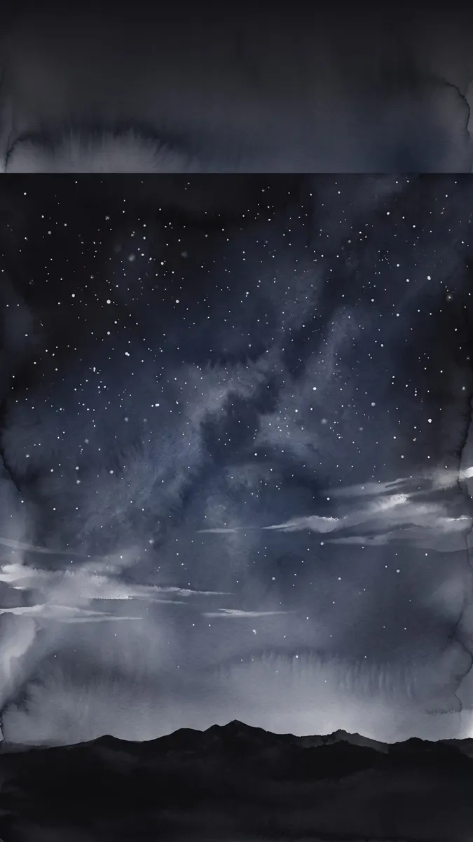 Una pintura en acuarela de un cielo nocturno oscuro lleno de estrellas blancas sobre la silueta de una montaña negra.