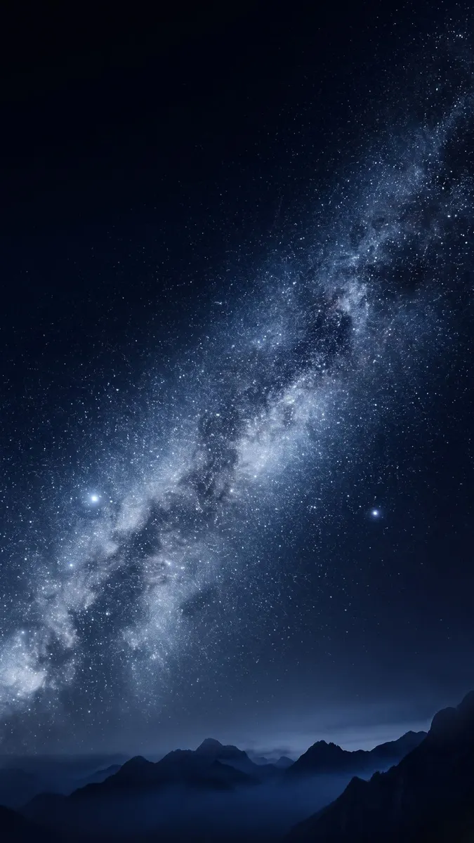La galaxie de la Voie lactée s'étend à travers un ciel nocturne sombre au-dessus des silhouettes sombres de sommets montagneux.