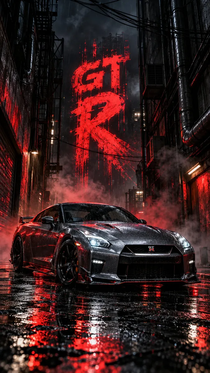 Mobil sport Nissan GT-R abu-abu yang diparkir di jalan kota yang hujan di malam hari dengan kabut merah dan logo GT-R merah besar di atasnya.