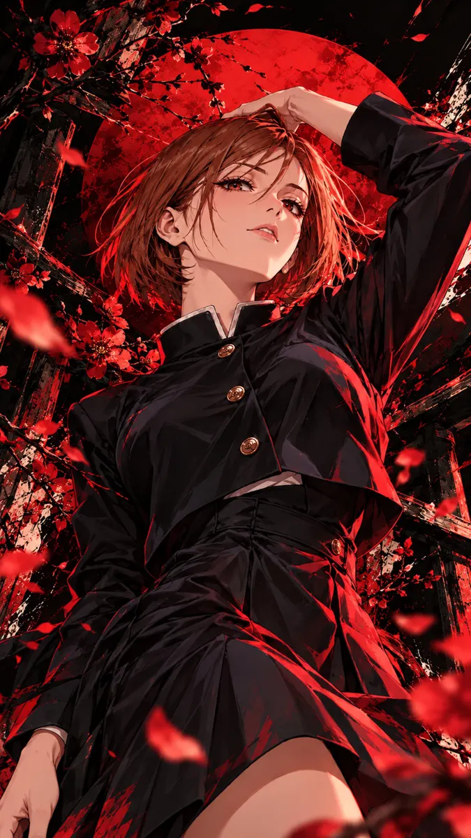 Nobara Kugisaki com cabelo curto castanho e olhos vermelhos vestindo um uniforme preto de pé sob uma grande lua vermelha com pétalas de flores caindo