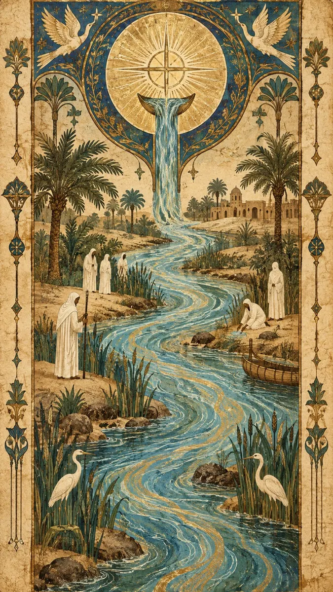 Ilustrasi vertikal yang menunjukkan sungai mengalir melalui oasis dengan sosok berjubah putih, pohon palem, dan burung putih dalam gaya seni vintage.