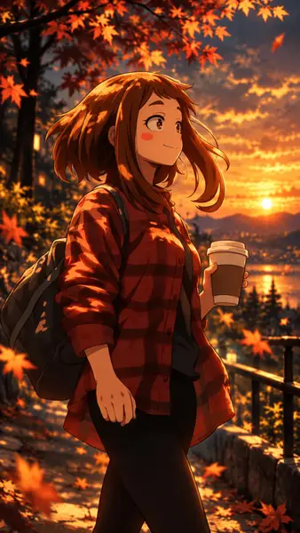 Ochaco Uraraka con cabello castaño vistiendo una camisa de cuadros roja y mochila, sosteniendo una taza de café durante un atardecer en otoño