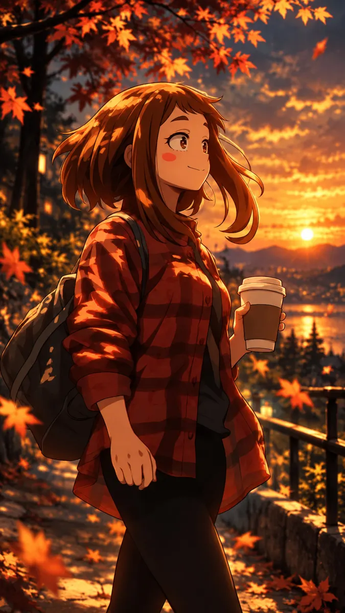 Ochaco Uraraka con cabello castaño vistiendo una camisa de cuadros roja y mochila, sosteniendo una taza de café durante un atardecer en otoño
