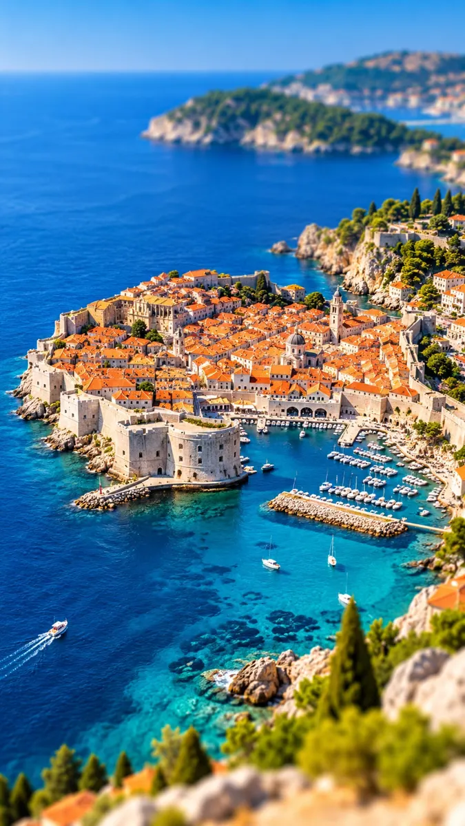 Turuncu kiremit çatılar, taş duvarlar ve berrak mavi Adriyatik denizinde demirlemiş teknelerle Dubrovnik Eski Şehir'in havadan görünümü.