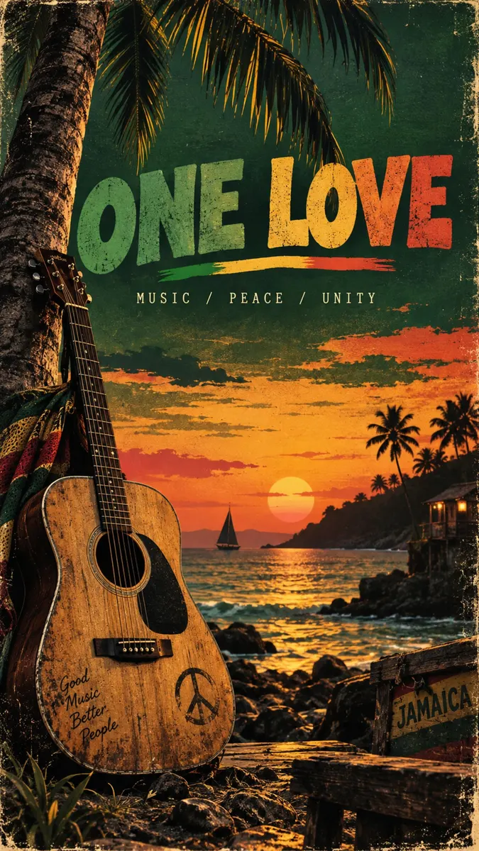 Guitarra acústica apoyada en una palmera en una playa al atardecer con el texto One Love y un símbolo de la paz en el cuerpo.