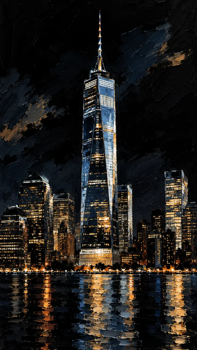 Lukisan cat minyak menara One World Trade Center yang bersinar di malam hari dengan lampu kota yang terpantul di air.