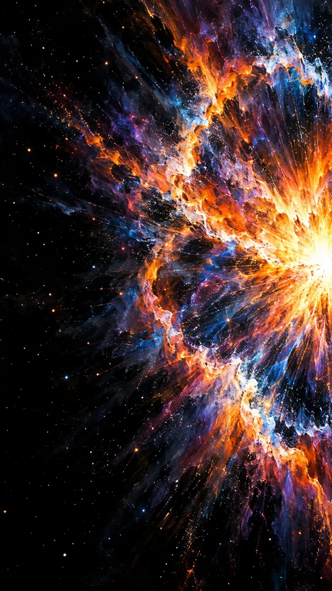 Une brillante explosion de nébuleuse bleue dans l'espace avec des nuages de gaz tourbillonnants et des étoiles lointaines sur un fond noir.