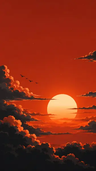 Matahari terbenam oranye cerah dengan matahari besar, awan gelap, dan sekawanan kecil burung terbang melintasi langit.