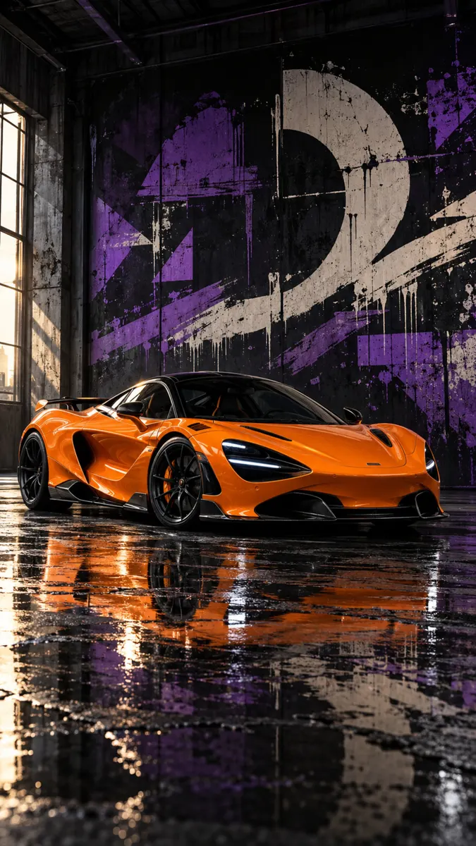 Coche deportivo McLaren 720S naranja estacionado dentro de un garaje con graffiti morado y blanco en la pared y un suelo mojado.
