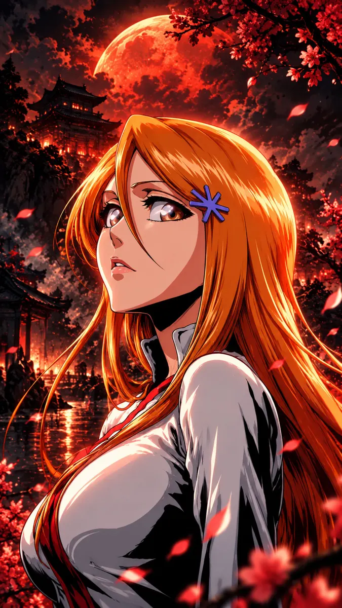 Orihime Inoue dengan rambut oranye panjang dan jepit rambut biru menatap ke atas dengan latar bulan merah dan pepohonan gelap