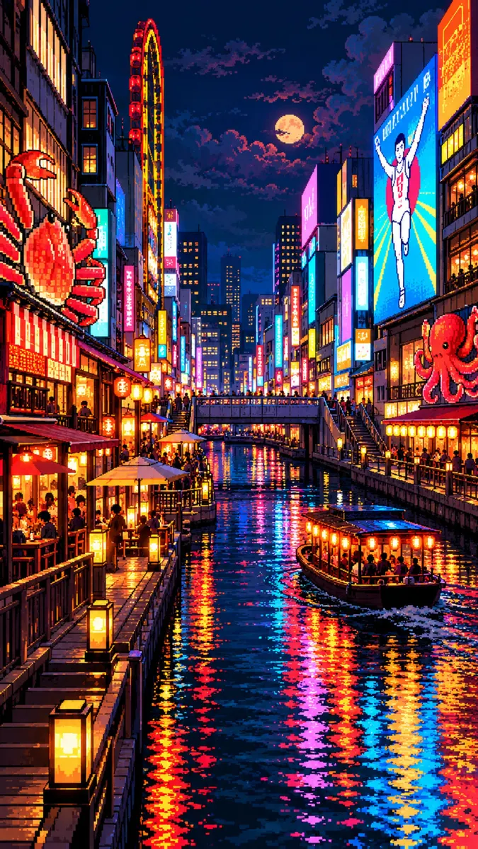 رسم بكسل آرت لقناة دوتونبوري في أوساكا ليلاً مع لافتات نيون ساطعة وقارب على الماء.
