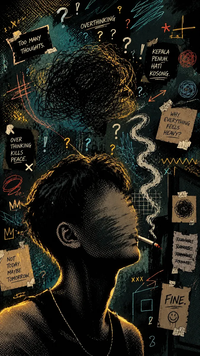 A person with a distorted face smoking a cigarette surrounded by scribbled notes and question marks on a dark background.