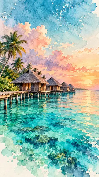 Aquarellmalerei, die eine Reihe von Bungalows über dem Wasser auf Stelzen mit Palmen vor einem weichen Sonnenuntergangshimmel und türkisfarbenem Wasser zeigt.