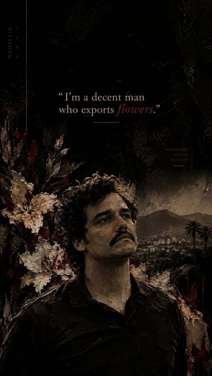 Retrato de Pablo Escobar con bigote, mirando hacia arriba, rodeado de flores blancas y texturas oscuras y melancólicas.