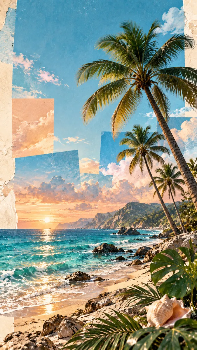 Uma colagem de uma praia tropical com palmeiras, ondas azuis do oceano e um pôr do sol dourado sobre falésias rochosas.