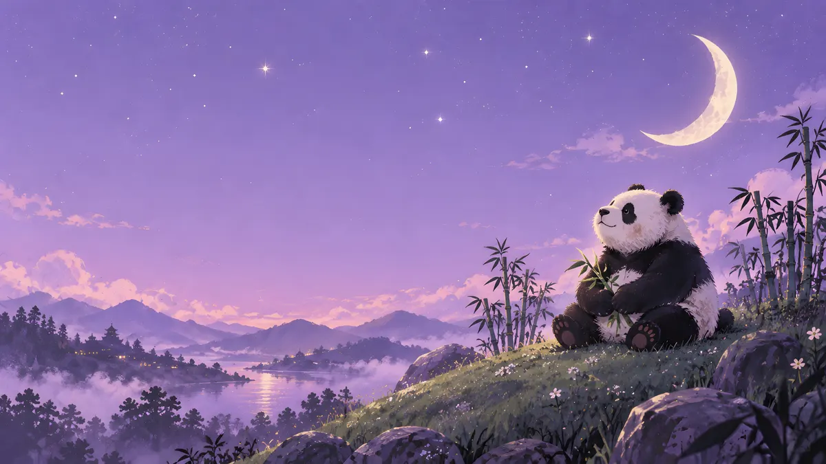 Um panda fofo sentado em uma encosta gramada segurando um talo de bambu sob uma lua crescente brilhante e um céu roxo estrelado.